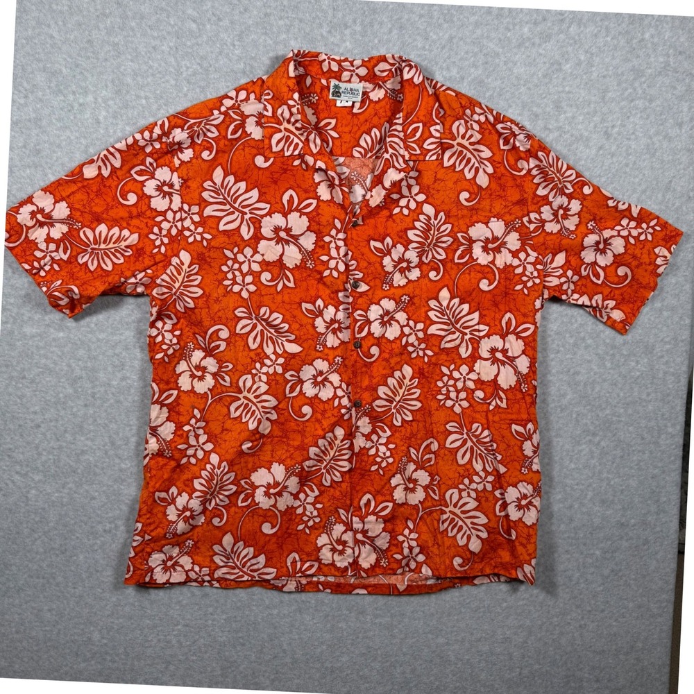 Aloha Republic Mens 3XL Orange Tropical Floral Hawaiian Shirt Hawaii Made in USA